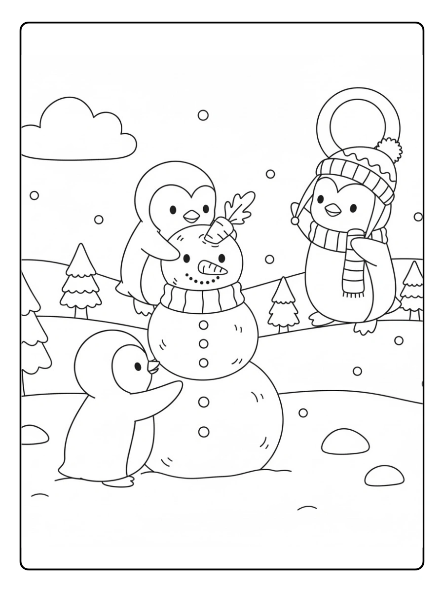 Coloriage Pingouin qui construisent un bonhomme de neige