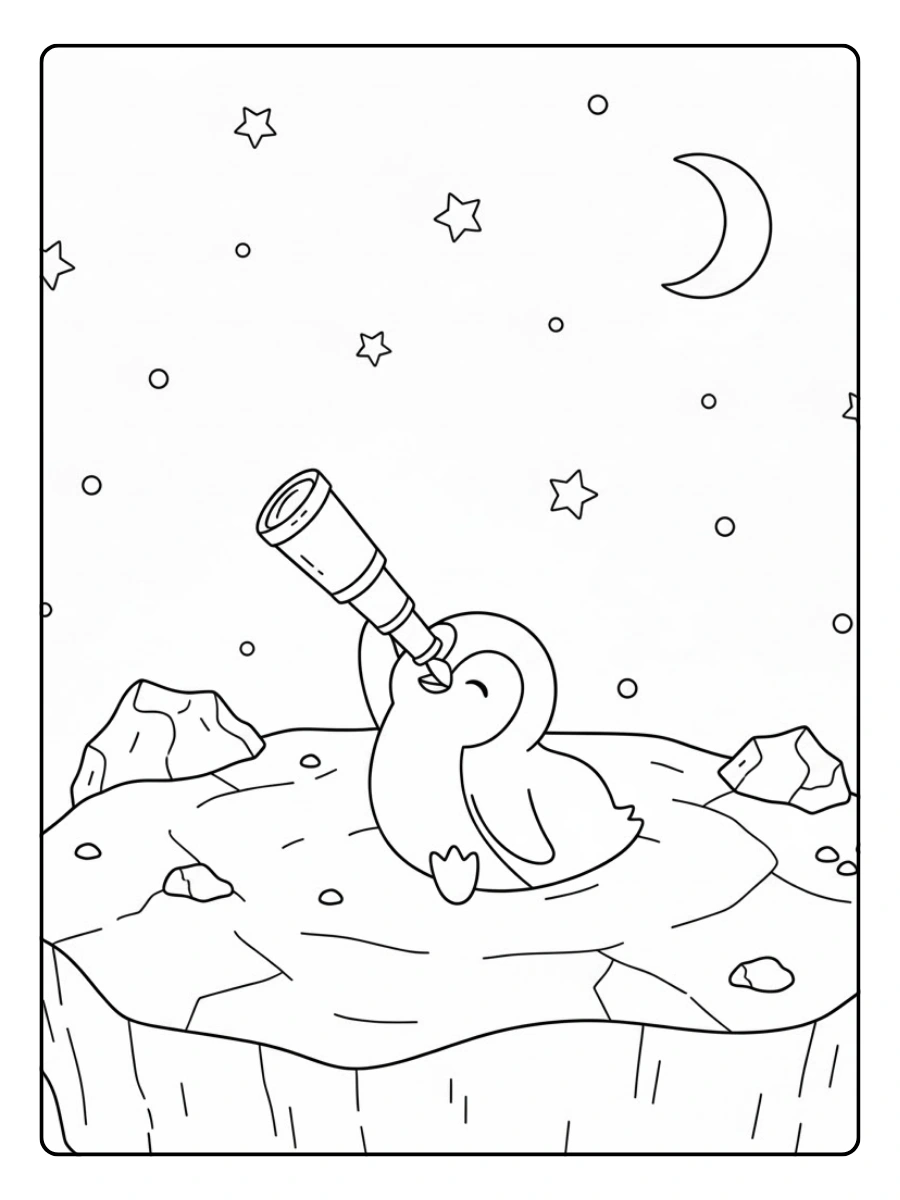 Coloriage Pingouin qui observe les étoiles