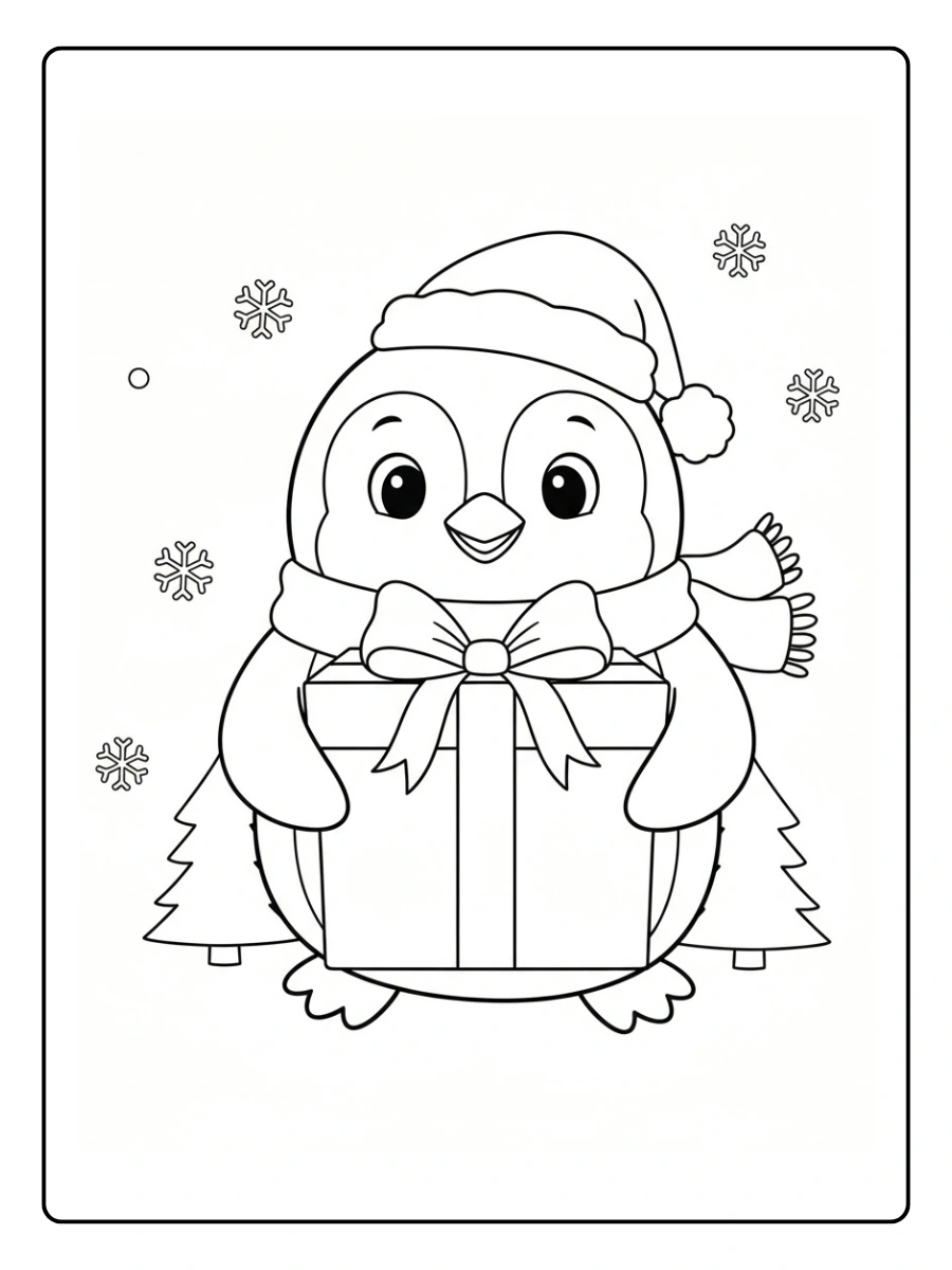 Coloriage Pingouin tenant un gros cadeau emballé avec un ruban