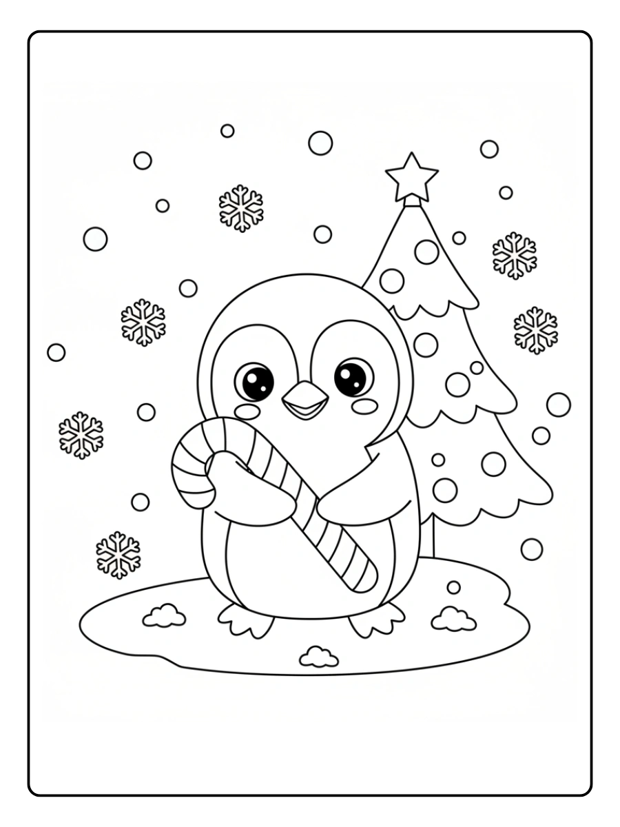 Coloriage Pingouin tenant une canne en sucre