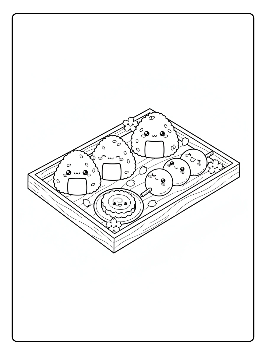 Coloriage Plateau kawaii japonais assorti