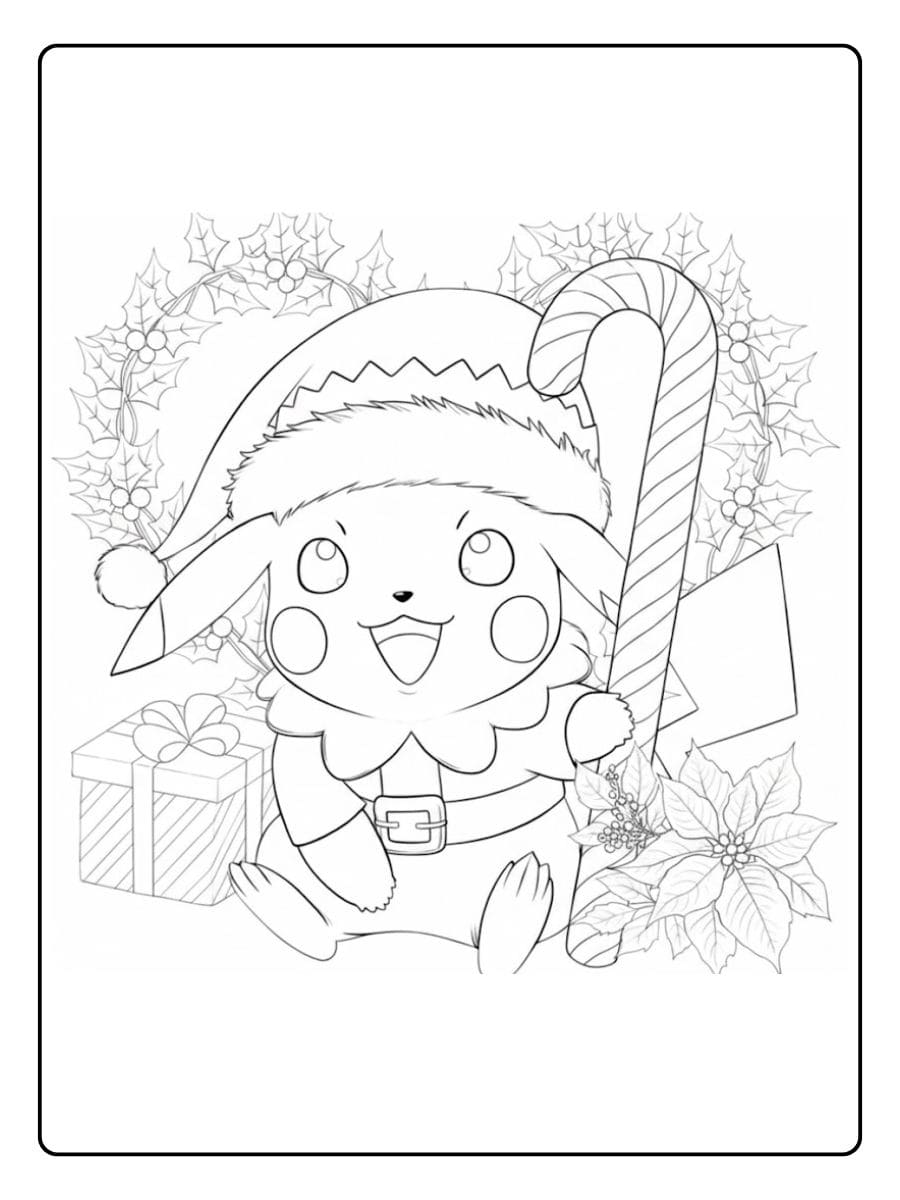 Coloriage Pokémon Noel Pikachu Joyeux en Père Noël avec Canne à Sucre