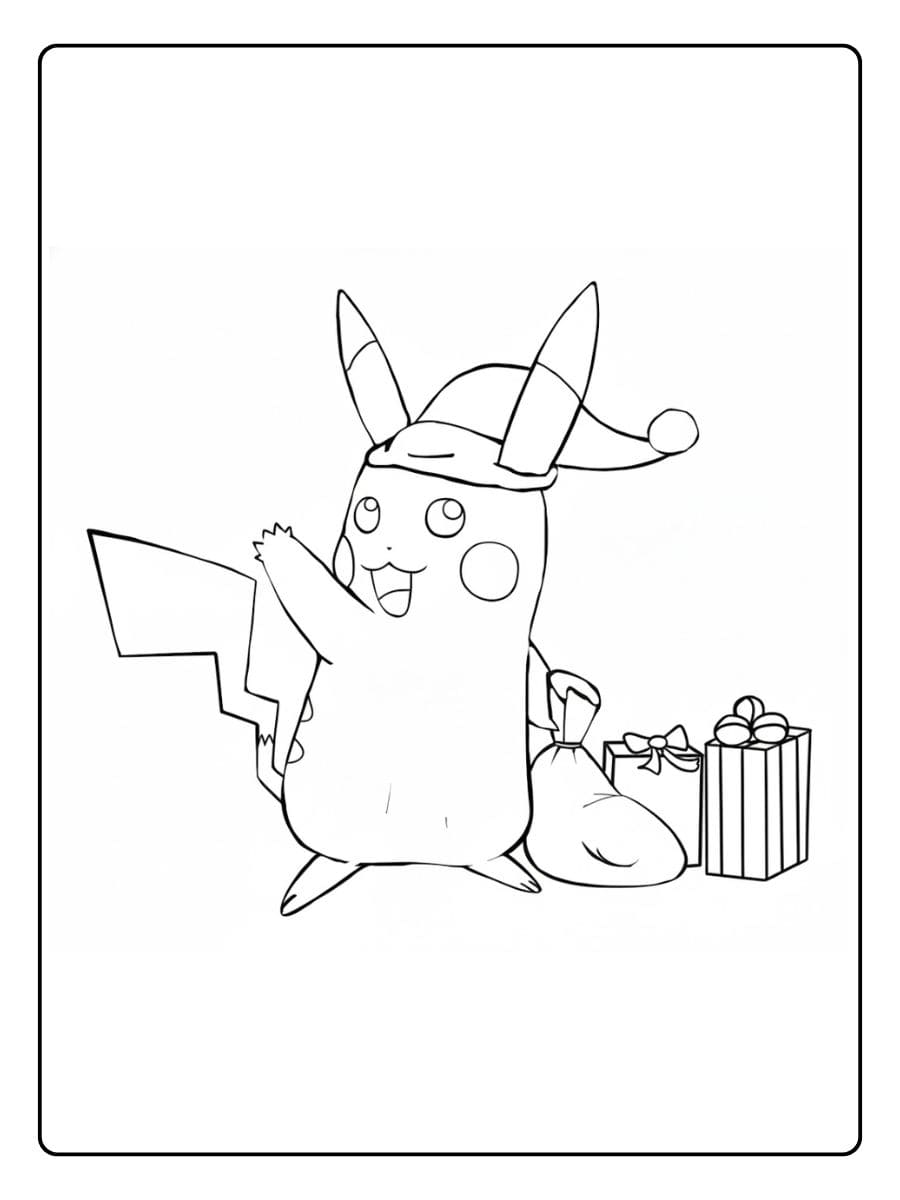Coloriage Pokémon Noel Pikachu et ses cadeaux de fêtes