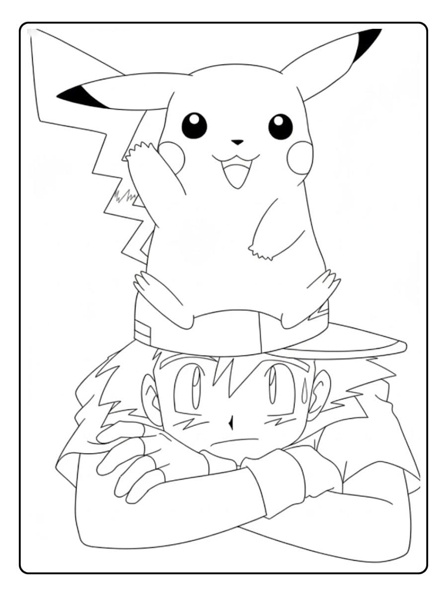 Coloriage Pokemon Sacha Prêt à l'Action