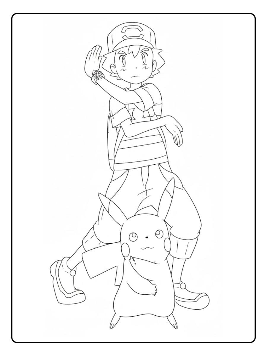 Coloriage Pokémon Sacha Prêt pour l'Aventure