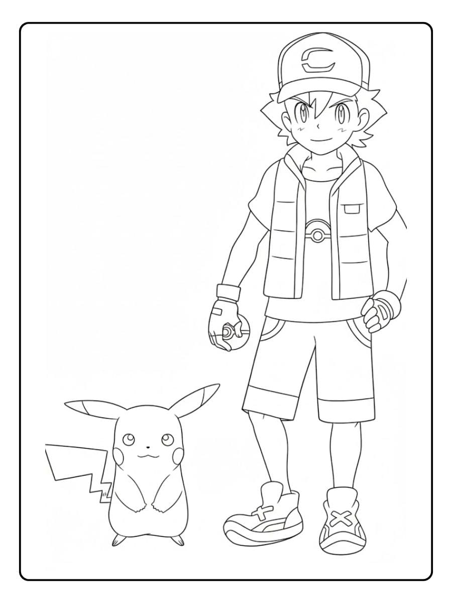 Coloriage Pokemon Sacha et Pikachu Dessin au trait simple