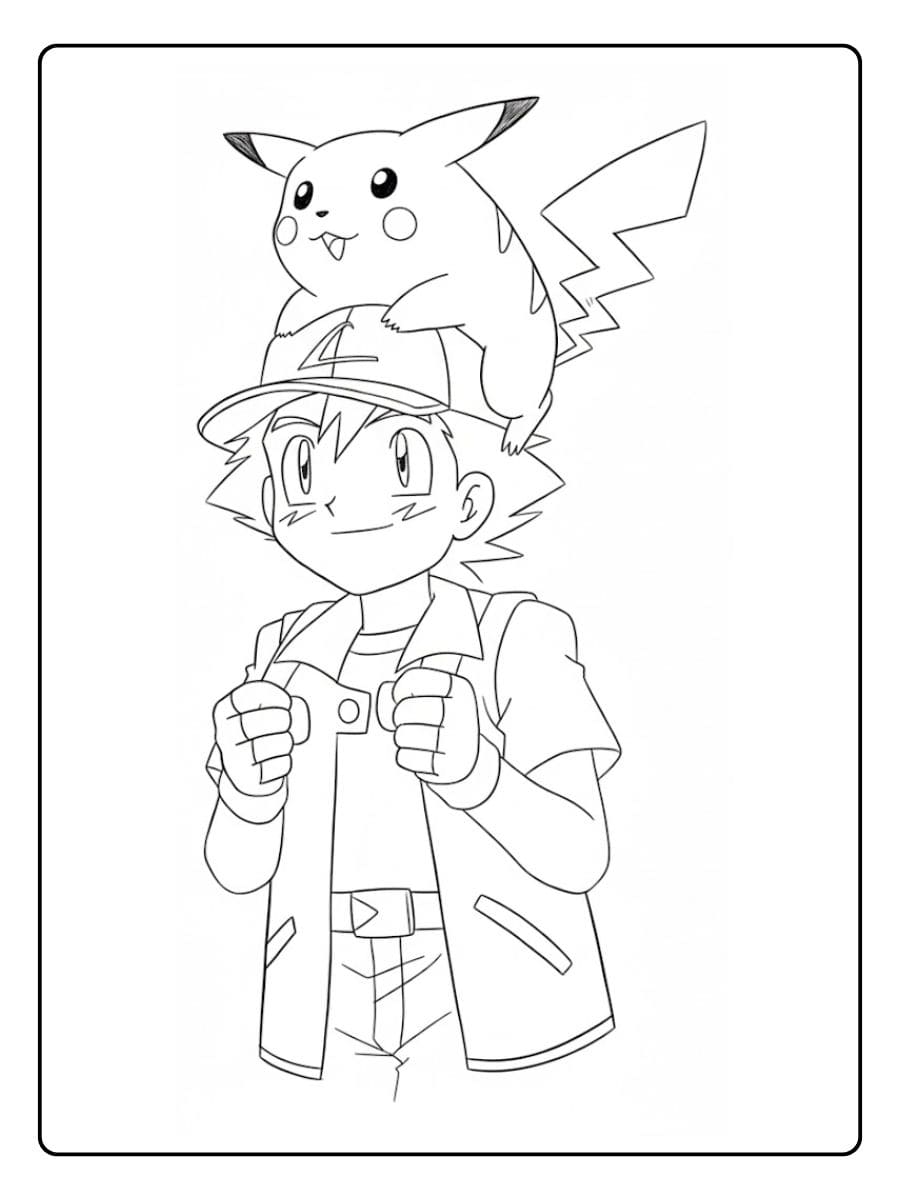 Coloriage Pokémon Sacha et Pikachu Prêts au combat