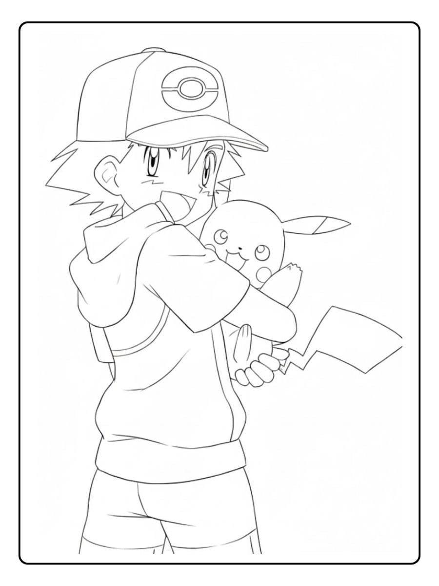Coloriage Pokemon Sacha et Pikachu câlins