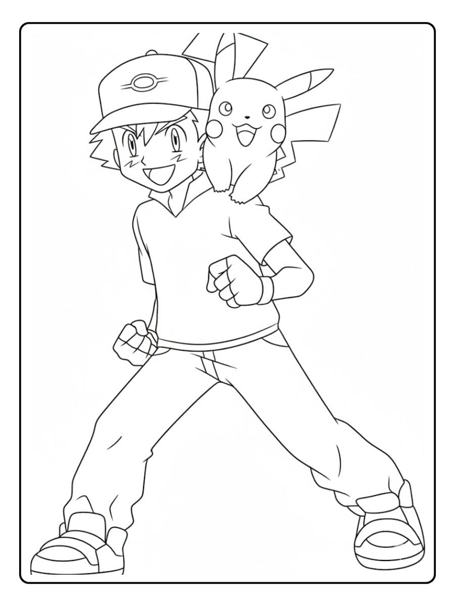 Coloriage Pokemon Sacha et Pikachu, dessin simple
