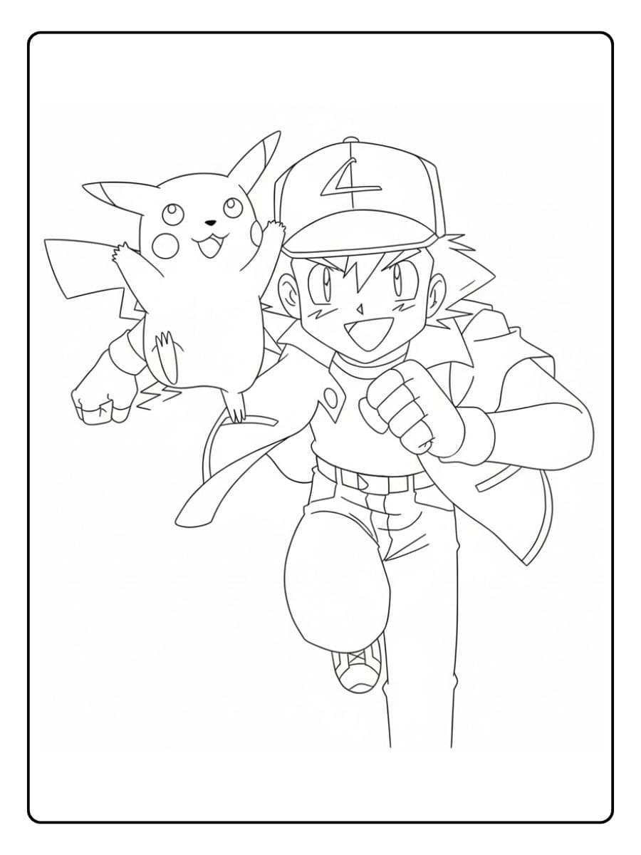 Coloriage Pokemon Sacha et Pikachu en cavale