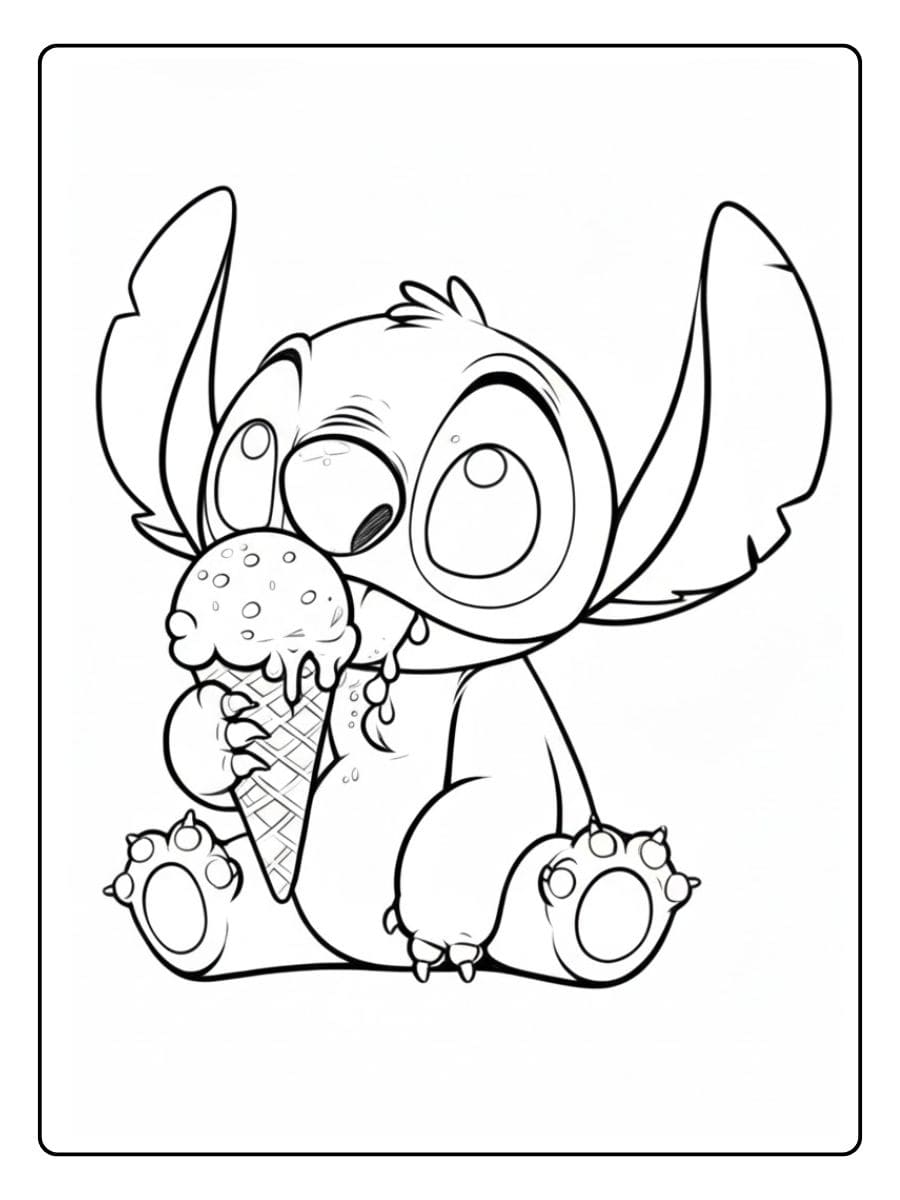 Coloriage Stitch Kawaii Mangeant une Glace