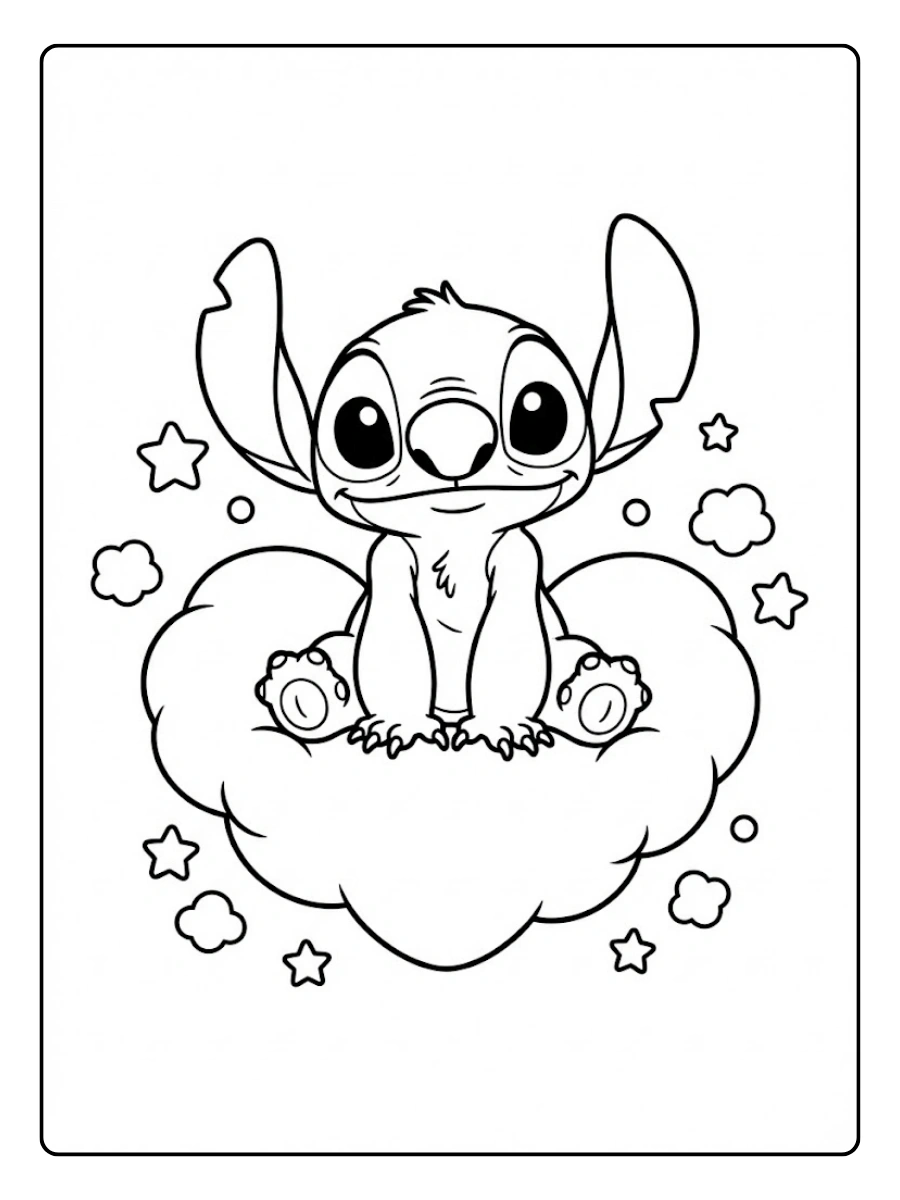 Coloriage Stitch assis sur un nuage en forme de cœur
