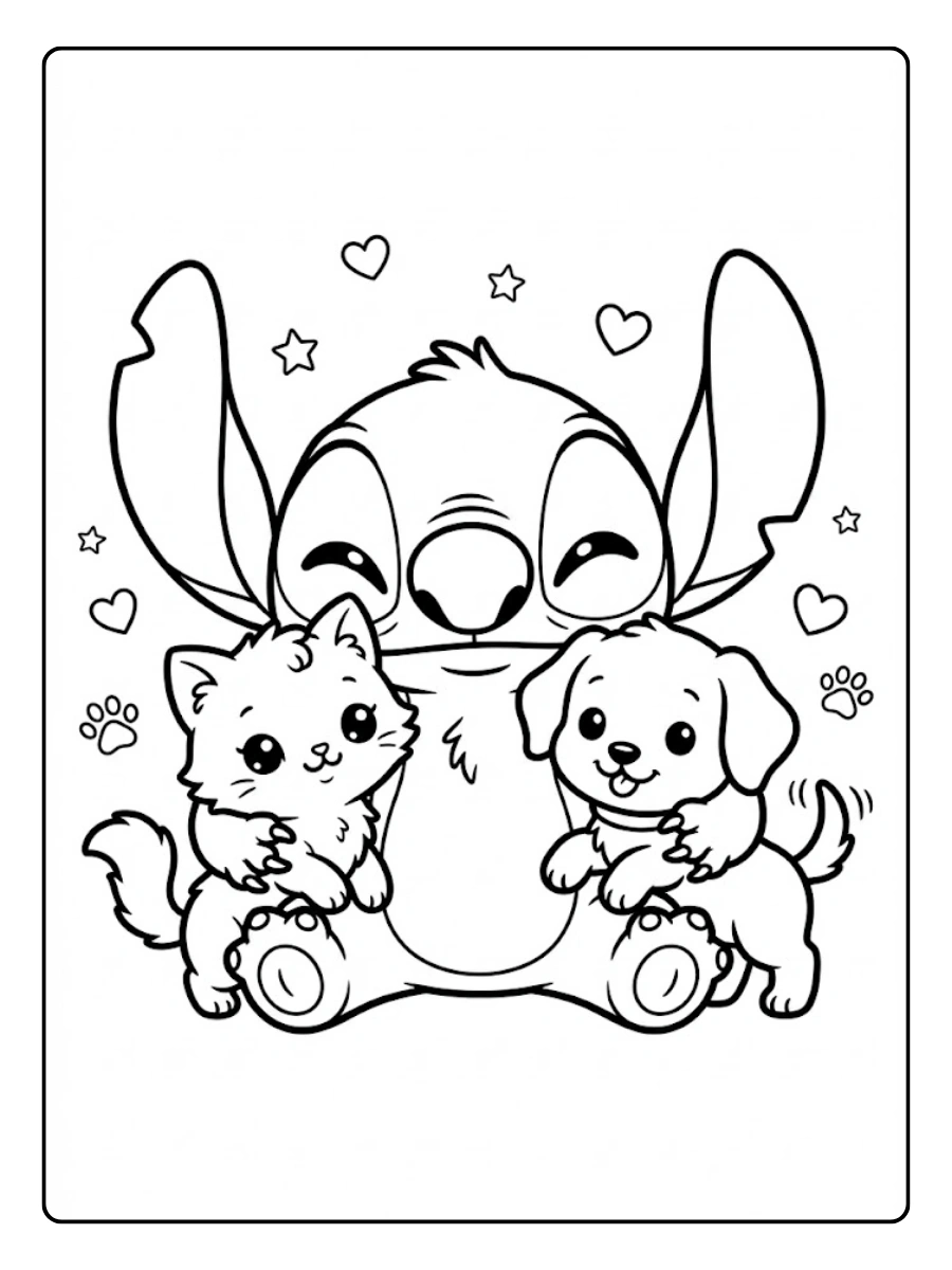 Coloriage Stitch avec un petit chat ou chiot kawaii