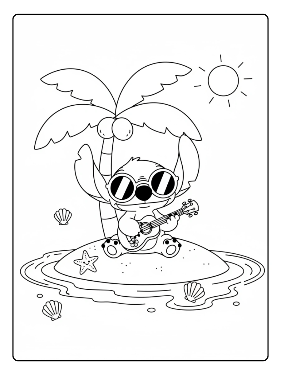 Coloriage Stitch dans un décor de plage kawaii