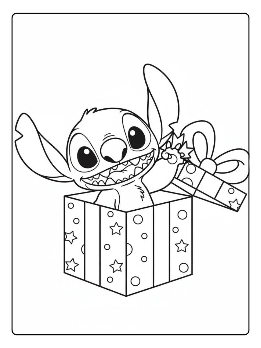 Coloriage Stitch dans une boîte cadeau