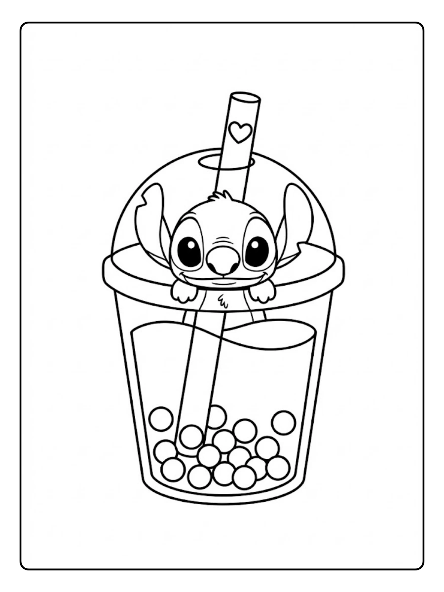 Coloriage Stitch dans une tasse de bubble tea