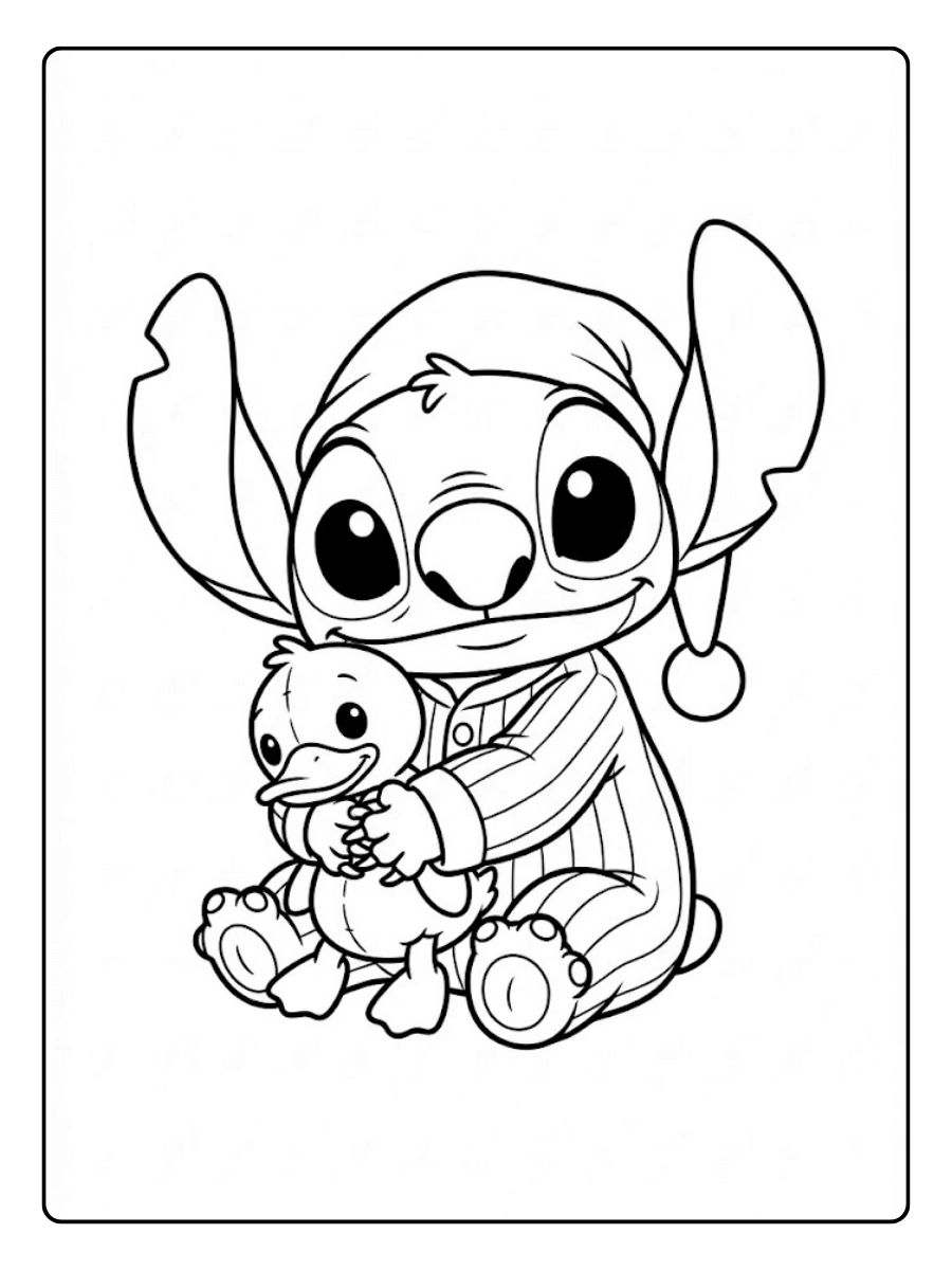 Coloriage Stitch en pyjama avec un doudou