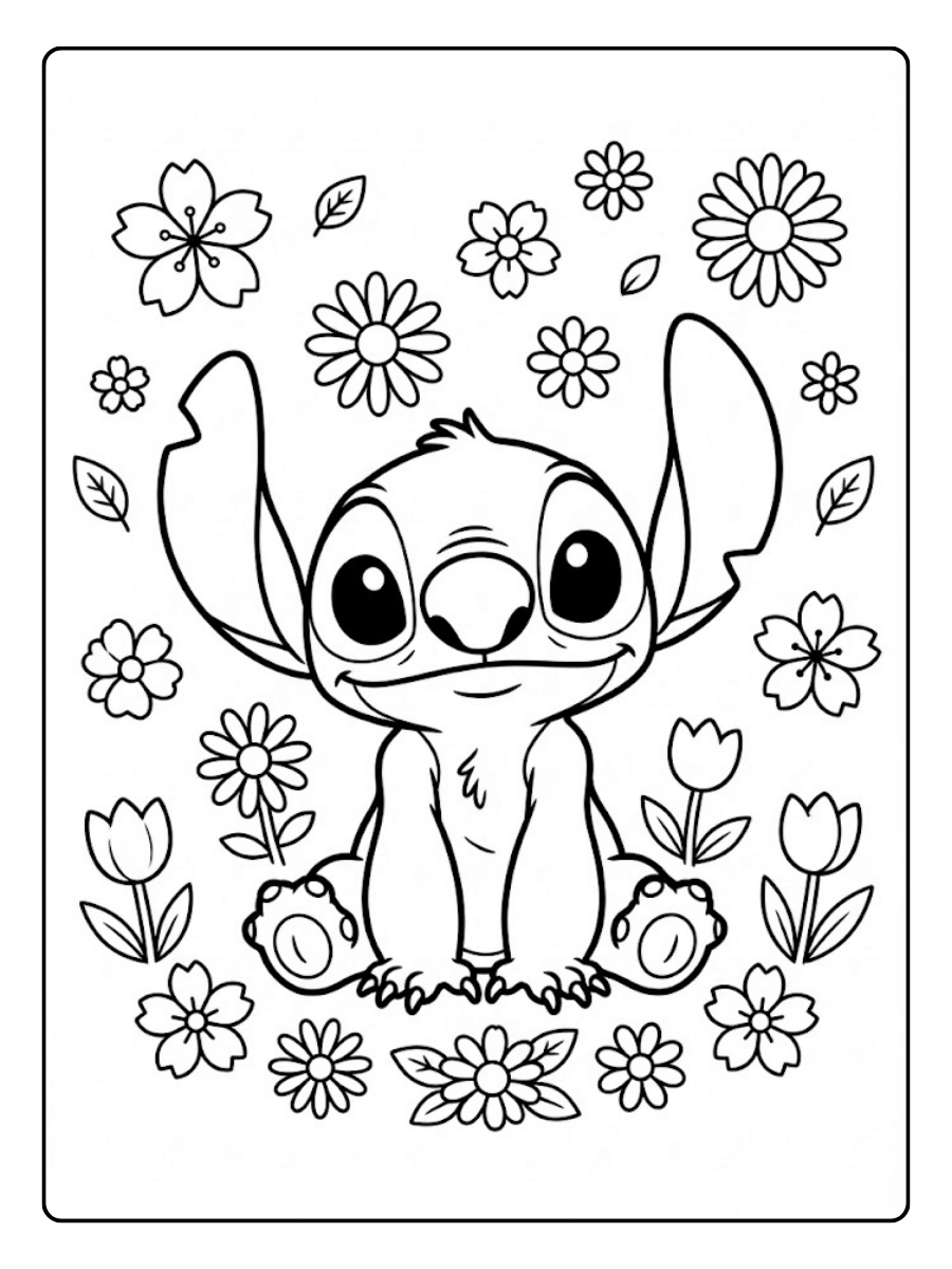 Coloriage Stitch entouré de fleurs mignonnes
