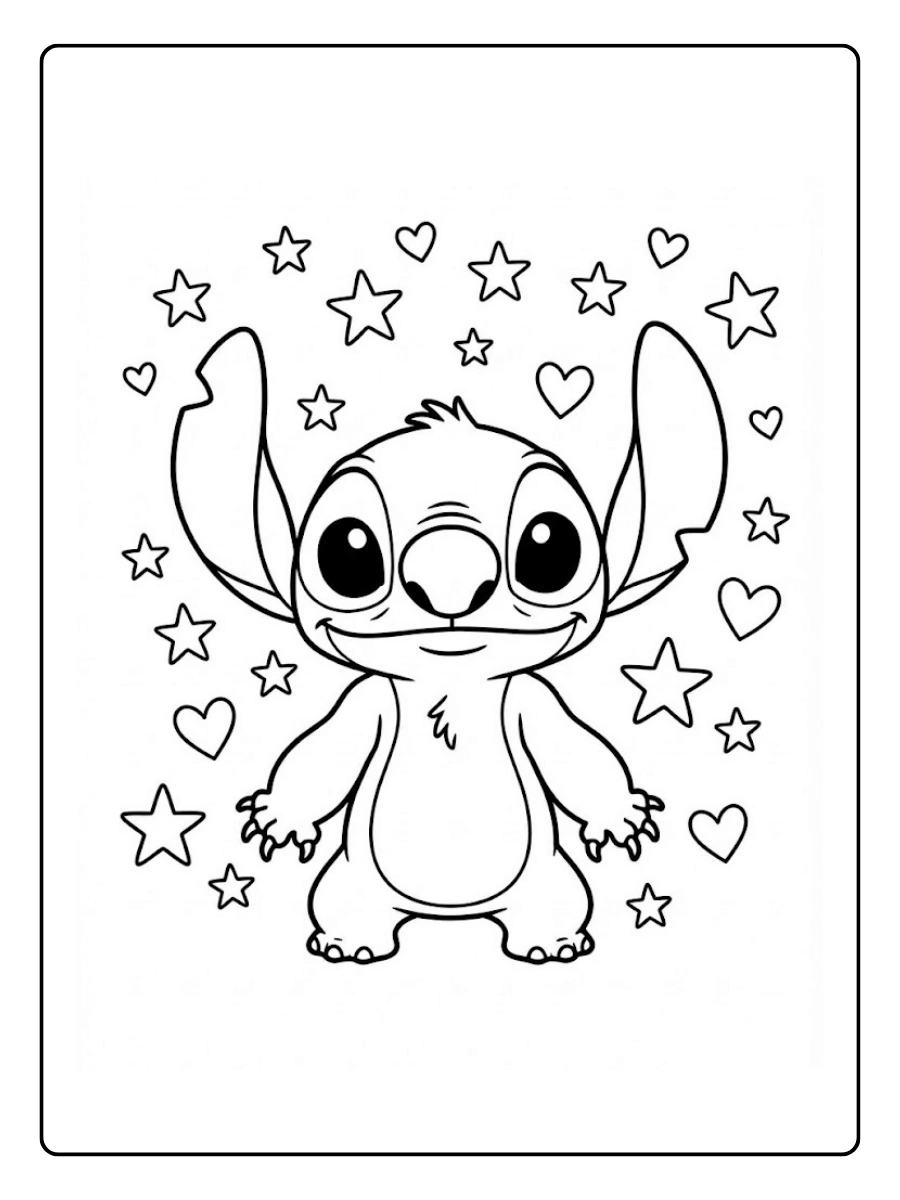 Coloriage Stitch entouré d’étoiles et de petits cœurs