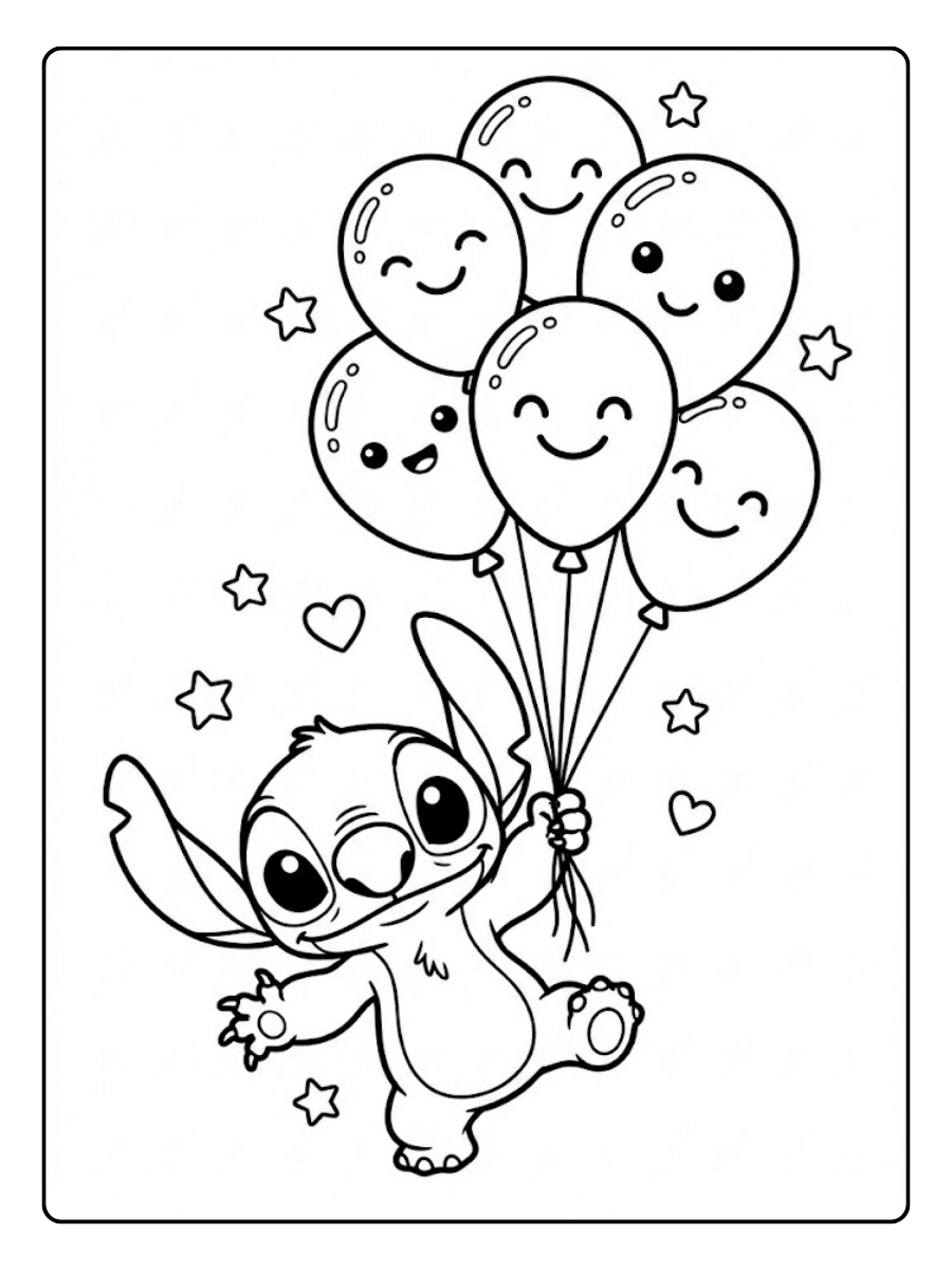 Coloriage Stitch jouant avec des ballons souriants