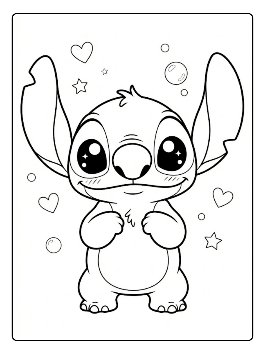 Coloriage Stitch kawaii avec de grands yeux brillants et un sourire timide