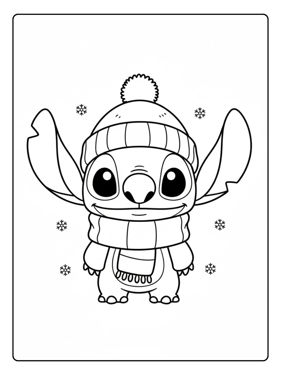 Coloriage Stitch portant un bonnet et une écharpe d’hiver