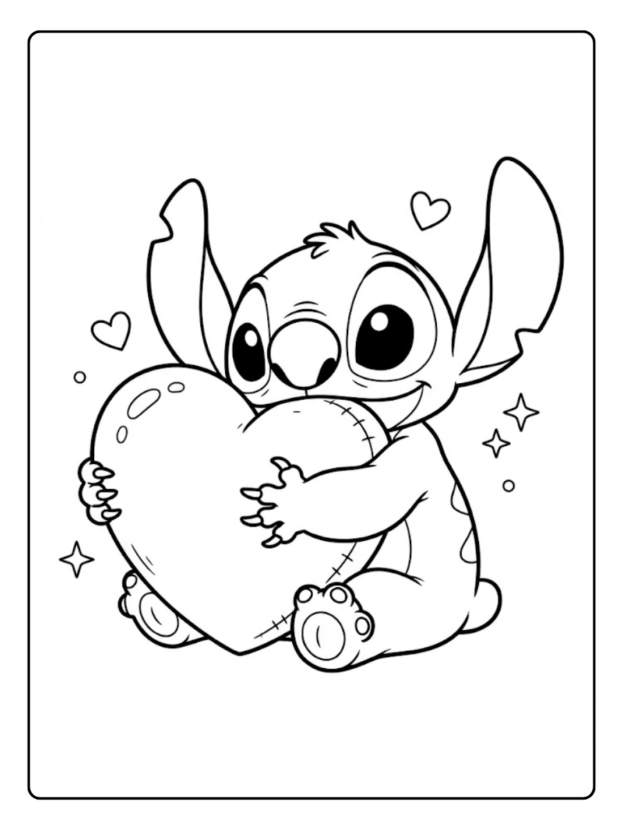 Coloriage Stitch qui fait un gros câlin à un coussin cœur