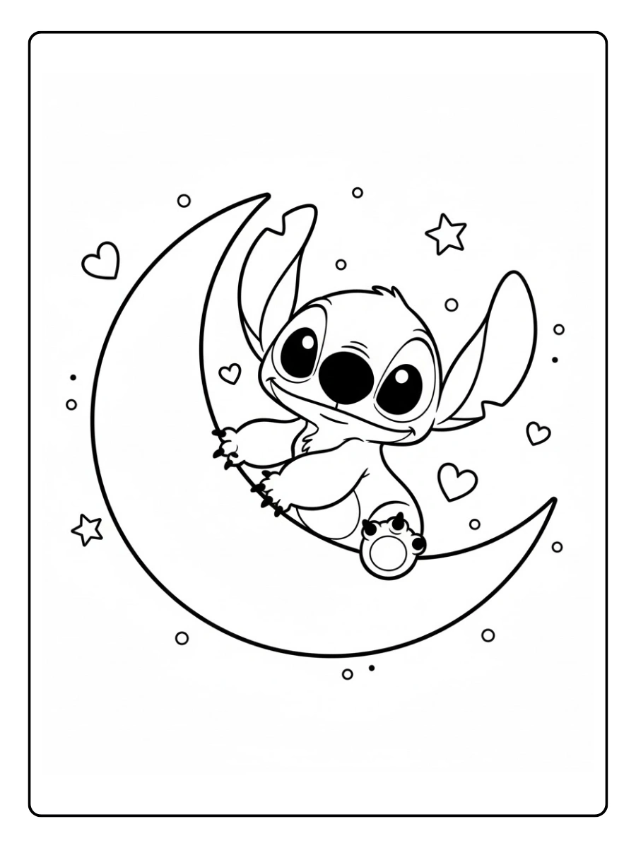 Coloriage Stitch sur un croissant de lune