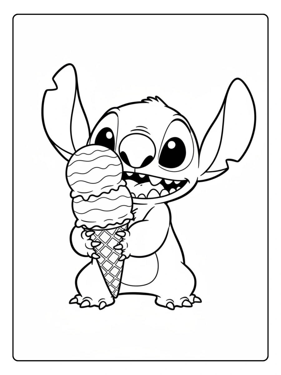 Coloriage Stitch tenant une glace arc en ciel