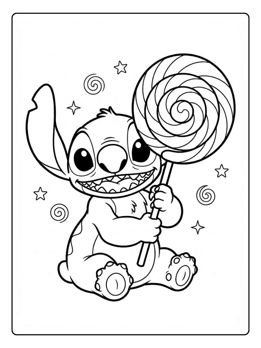 Coloriage Stitch tenant une grande sucette