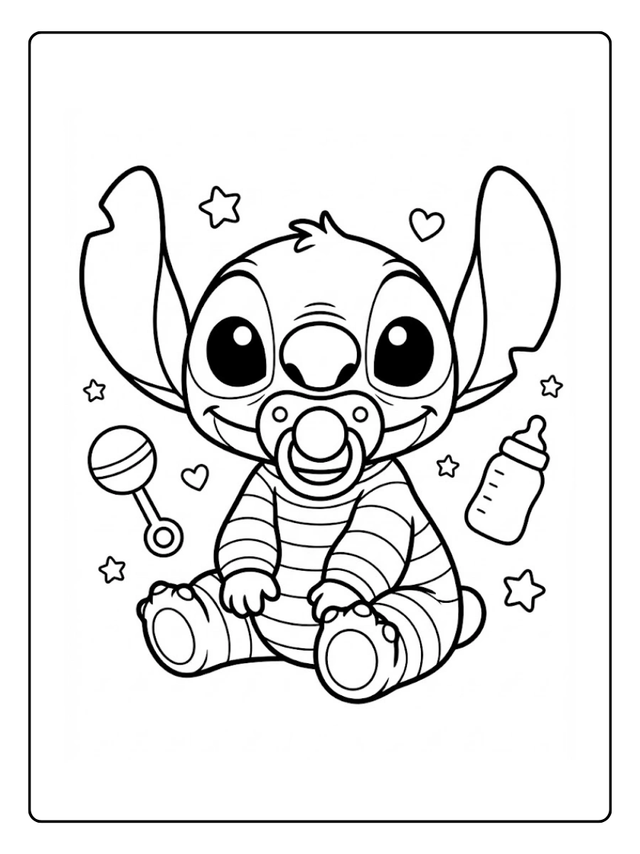 Coloriage Stitch version bébé avec une tétine