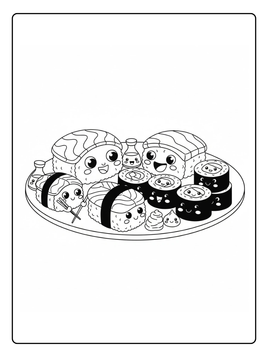 Coloriage Sushi kawaii en famille