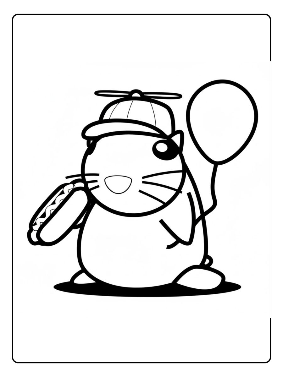 Coloriage capybara avec ballon et hot dog