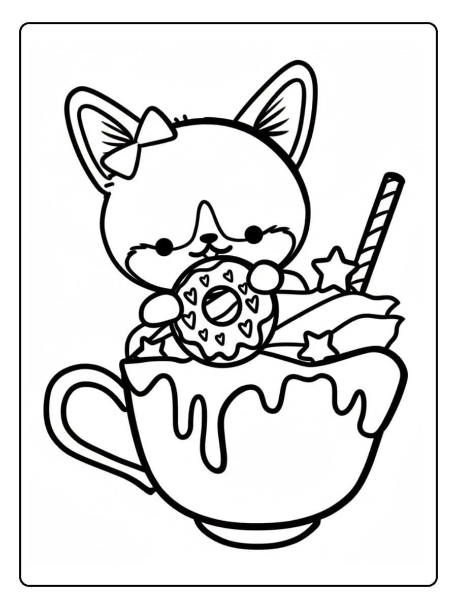 Coloriage chat kawaii dans une tasse gourmande