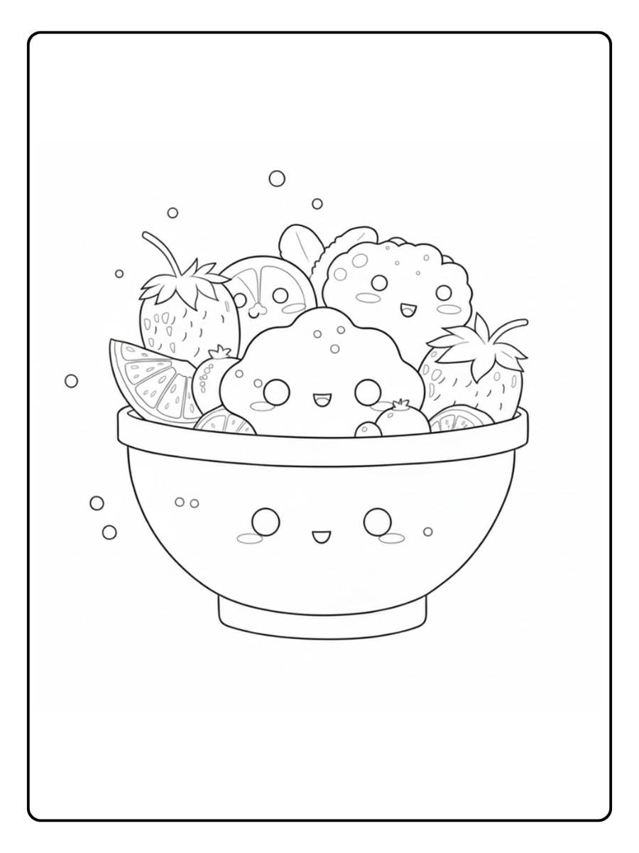 Coloriage kawaii nourriture japonaise Dessert à la coupe et fruits