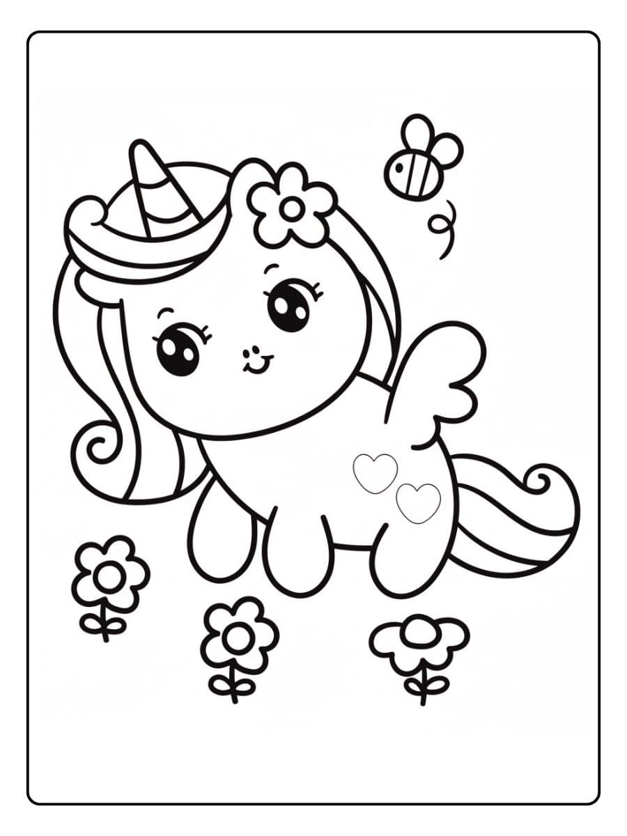 Coloriage licorne kawaii et abeille dans un jardin fleuri