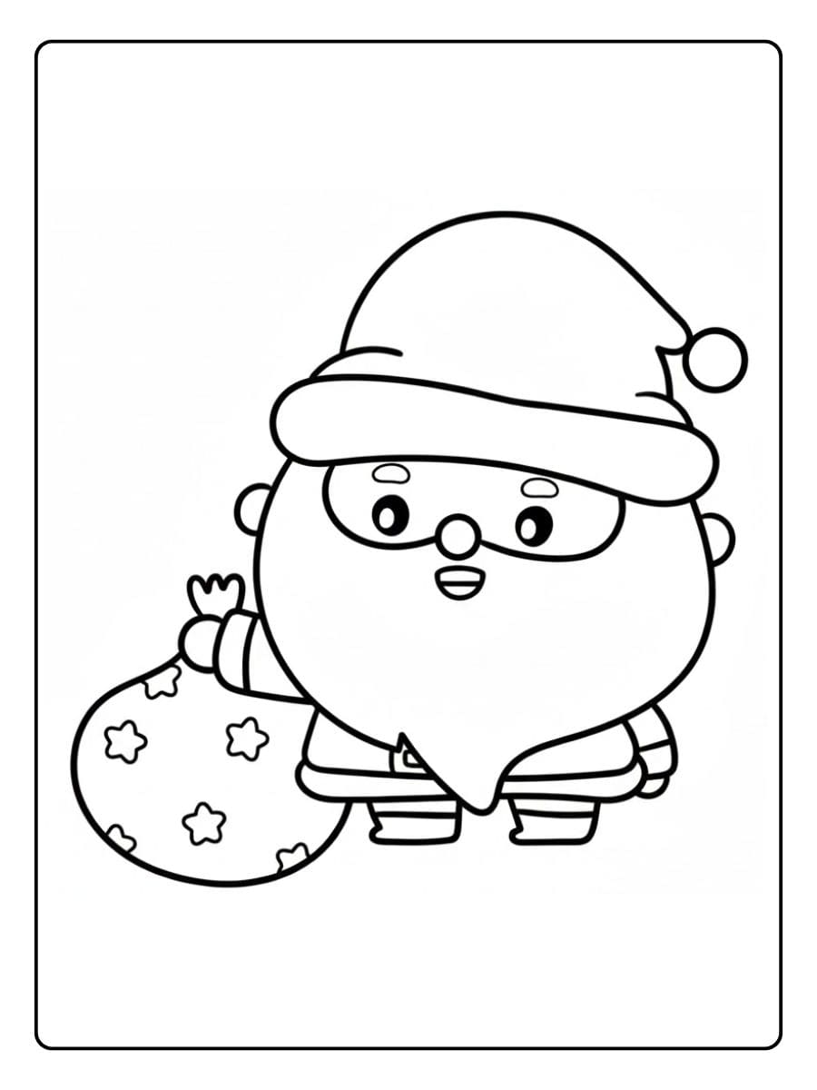 Père Noël Mignon avec Sac de Cadeaux Coloriage Noël Kawaii