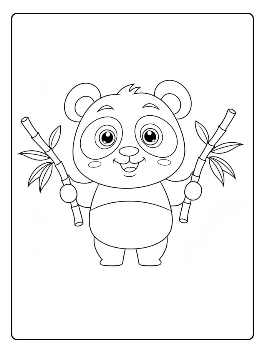 Petit panda souriant avec deux branches de bambou Coloriage panda kawaii
