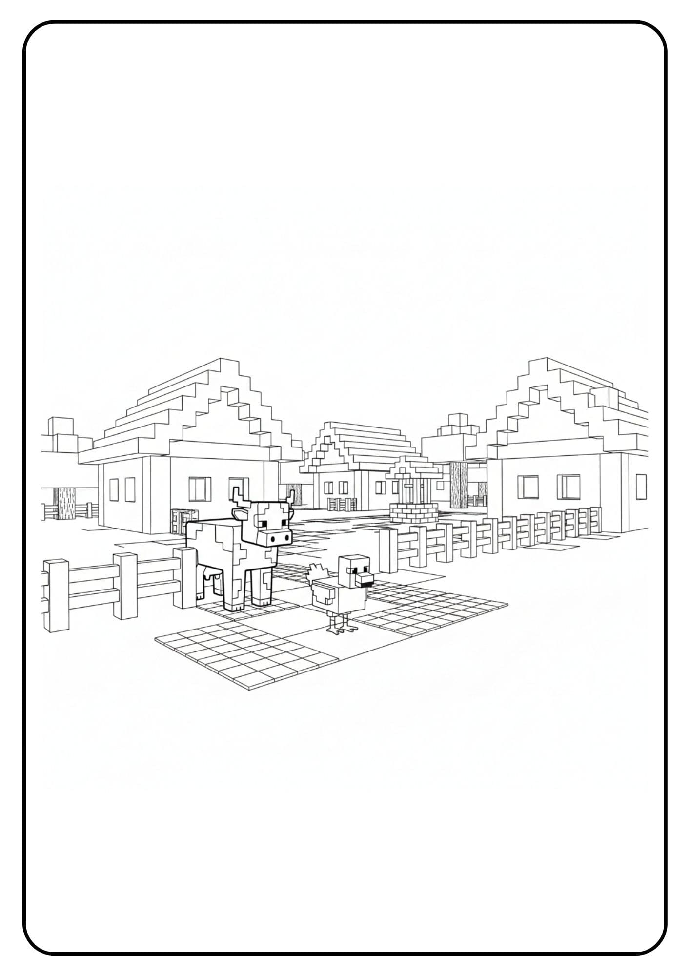Village Minecraft avec animaux coloriage
