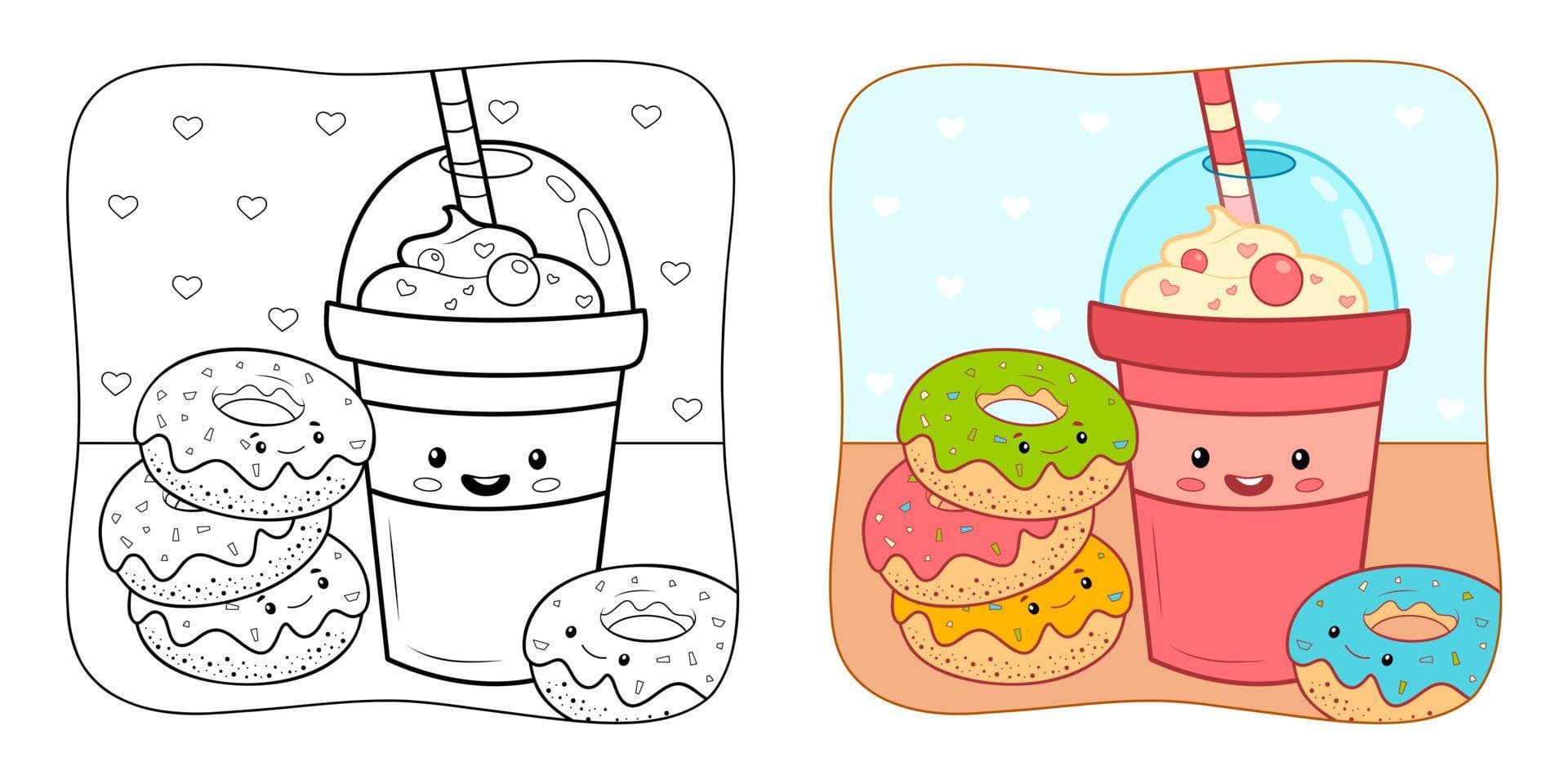 coloring book or coloring page for kids donuts and drink
