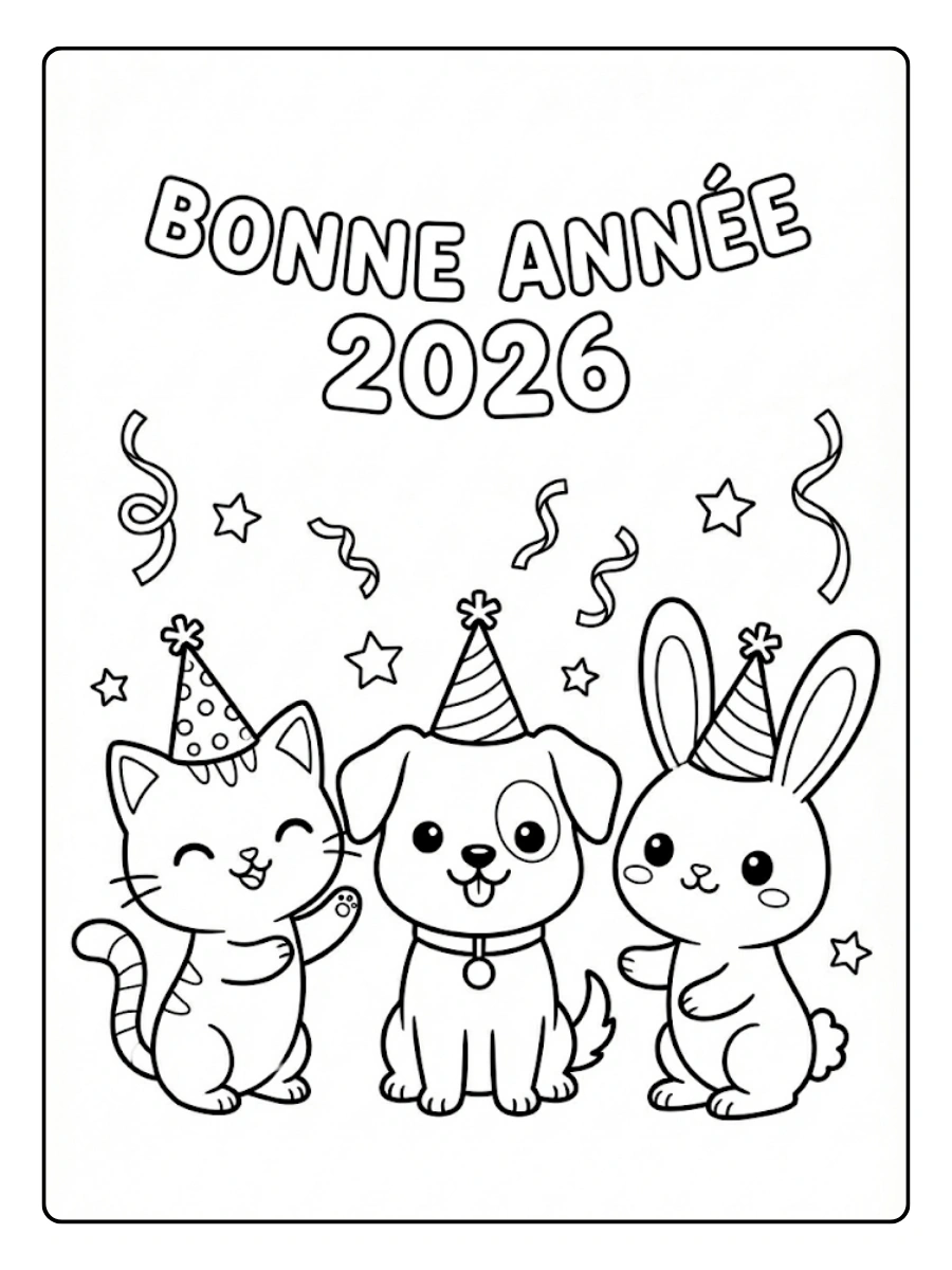 Coloriage Bonne Année 2026 avec animaux kawaii