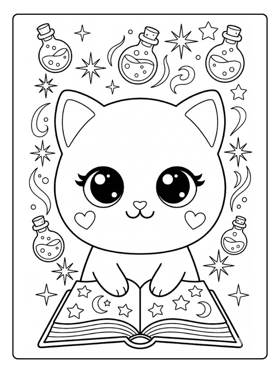 Coloriage Chat magique Kawaii