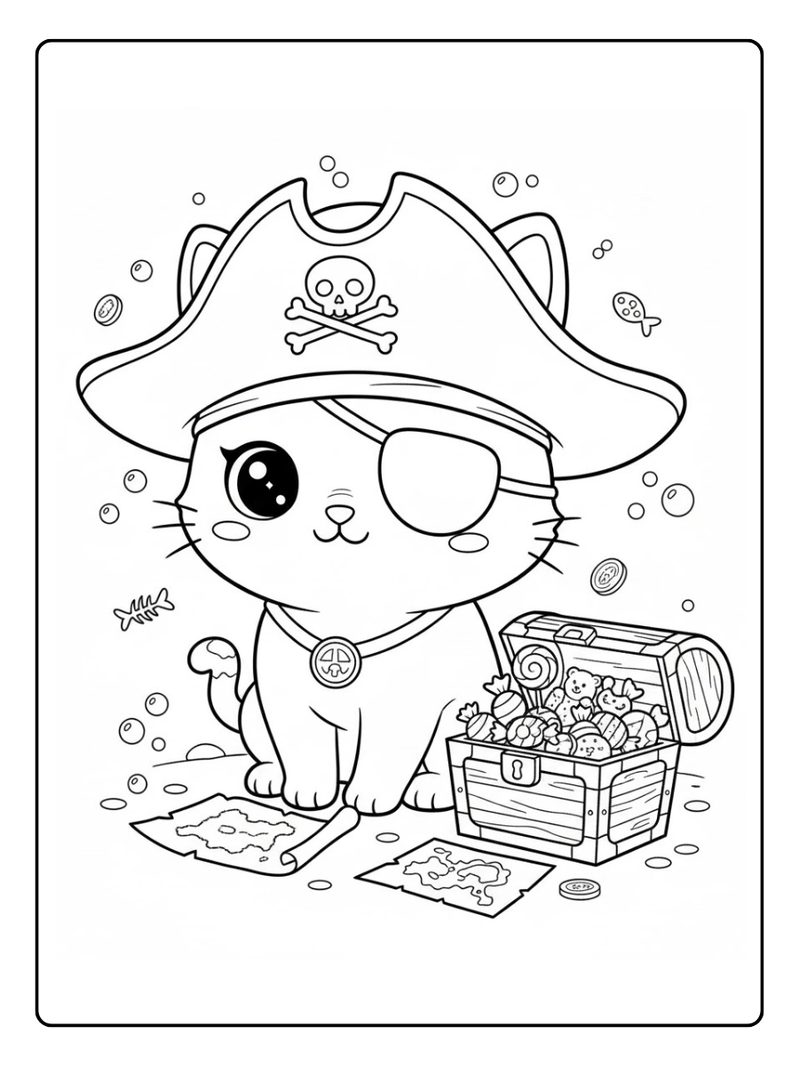Coloriage Chat pirate Kawaii