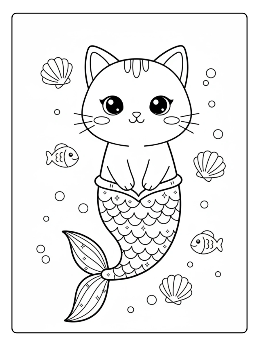 Coloriage Chat sirène Kawaii