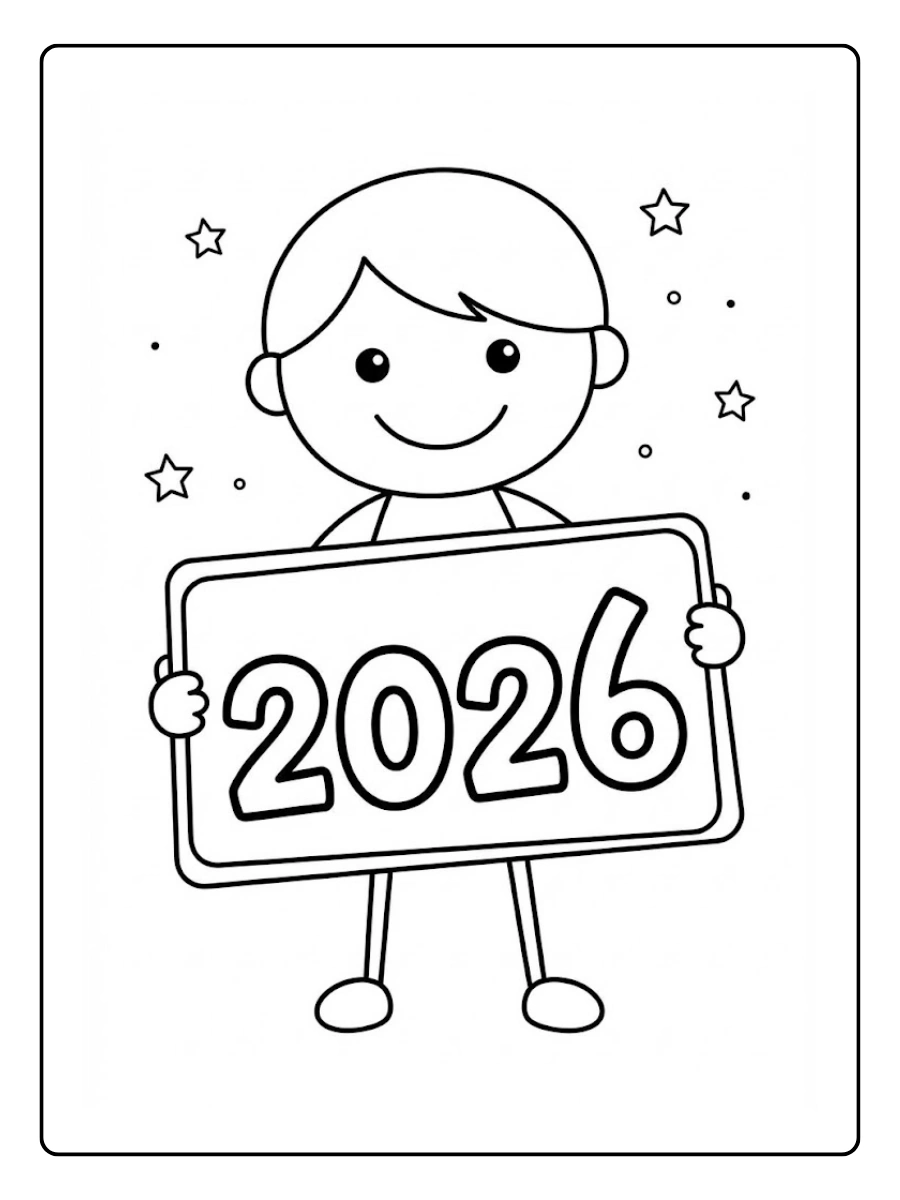 Coloriage Enfant souriant avec un panneau “2026”