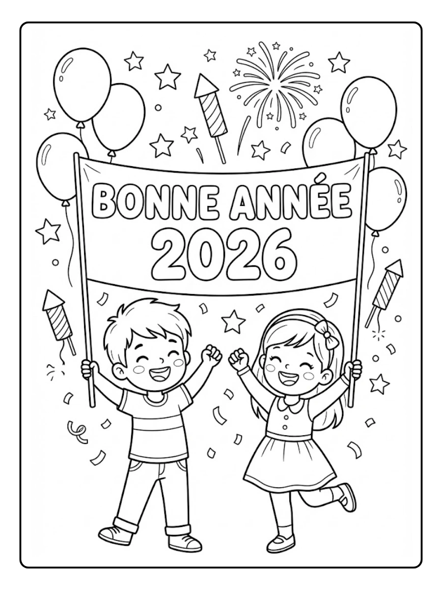 Coloriage Enfants heureux avec “Bonne Année 2026”