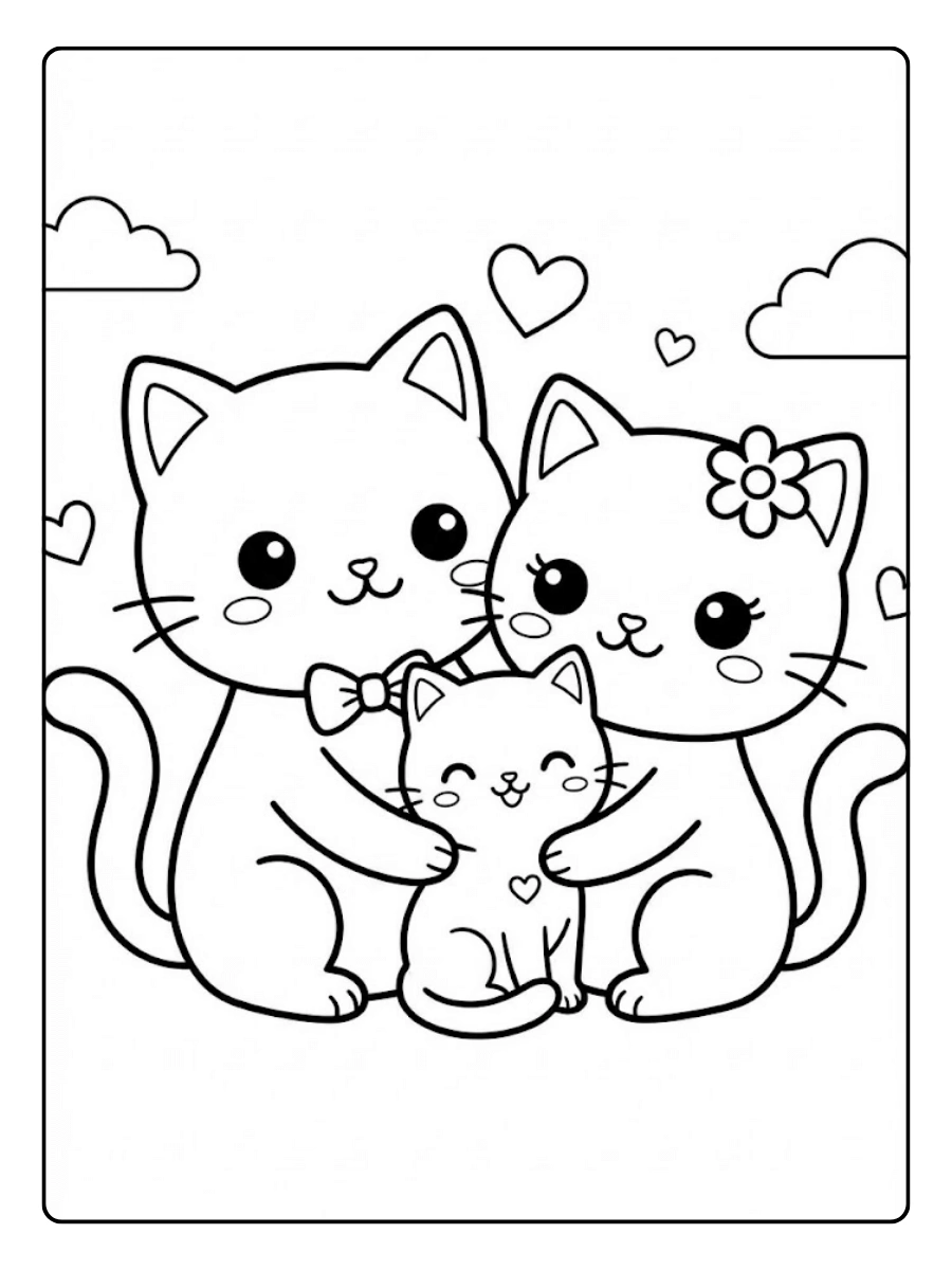 Coloriage Famille de chats Kawaii