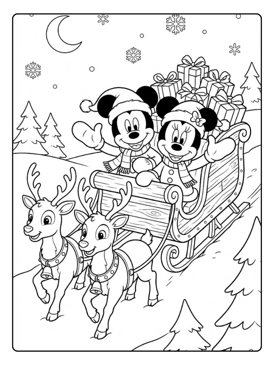 Coloriage Les deux personnages dans un traîneau tiré par des rennes