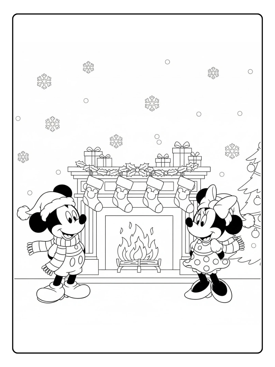 Coloriage Les personnages devant une cheminée avec des chaussettes de Noël