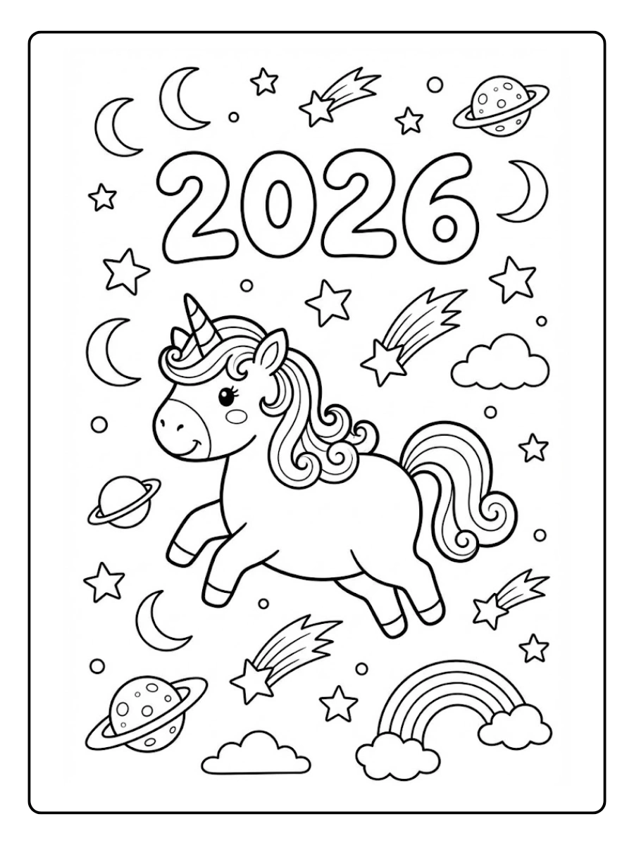Coloriage Licorne mignonne et étoiles 2026